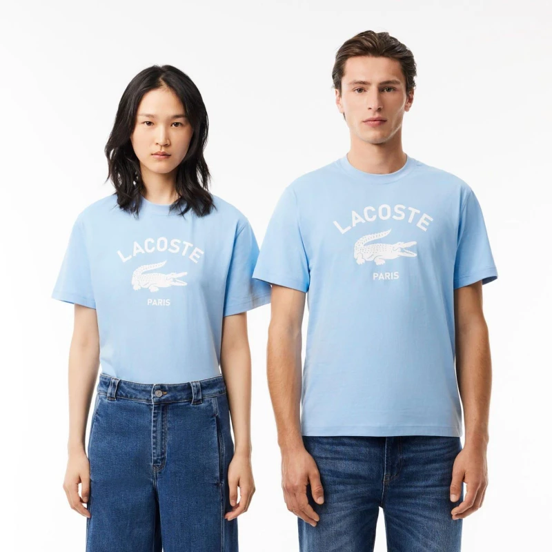 Image of Lacoste Signature Print Cotton T-Shirt Light Blue male XS