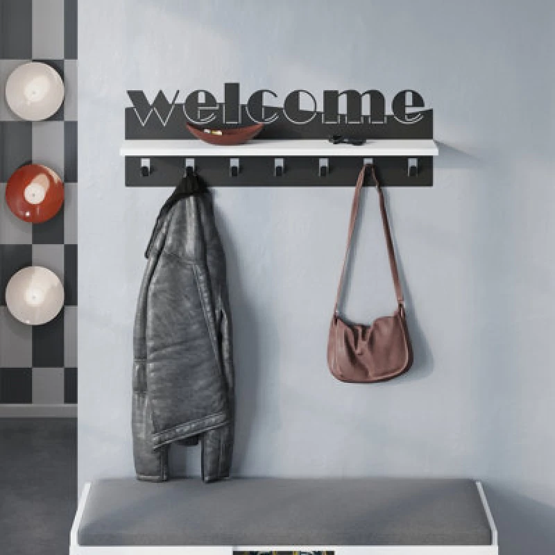Image of Decortie Modern Welcome Letter Wall Hanger White Metal 7 Metal Hooks Hanging Shelf Rack Hotels, Hallway, Bedroom (Black)