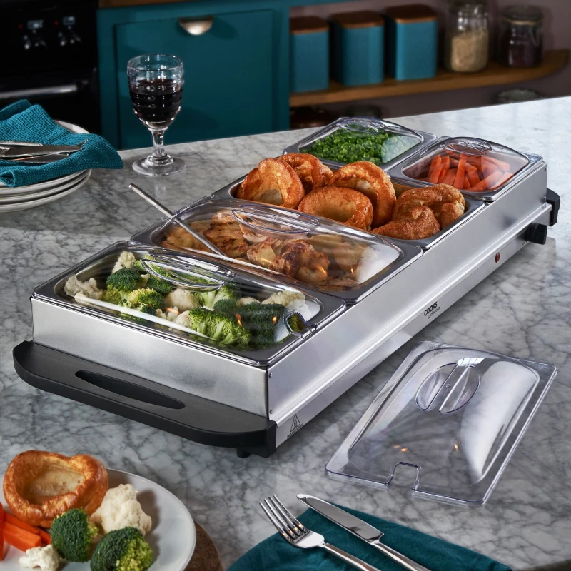 Image of Cooks Professional 5-Section Buffet Warmer 9.6L with Hotplate Function & Adjustable Temp in Silver Silver Unisex