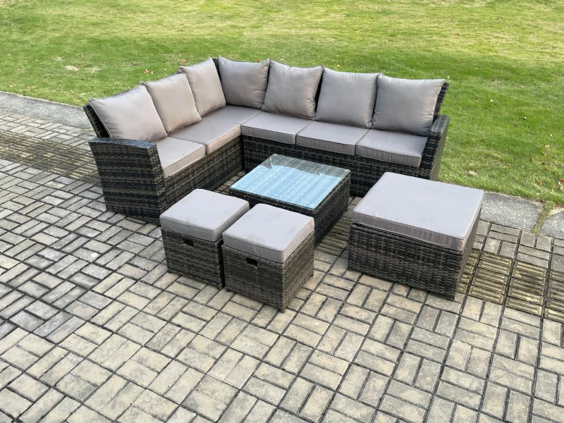 Image of Fimous Rattan Garden Furniture Set Outdoor Lounge Corner Sofa Set With Square Coffee Table 3 Footstools 9 Seater Dark Grey Mixed Dark Grey
