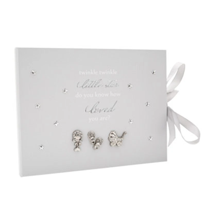Image of Happy Homewares Baby Keepsake Guest Book With Silver Plated Rattle Pram And Booties