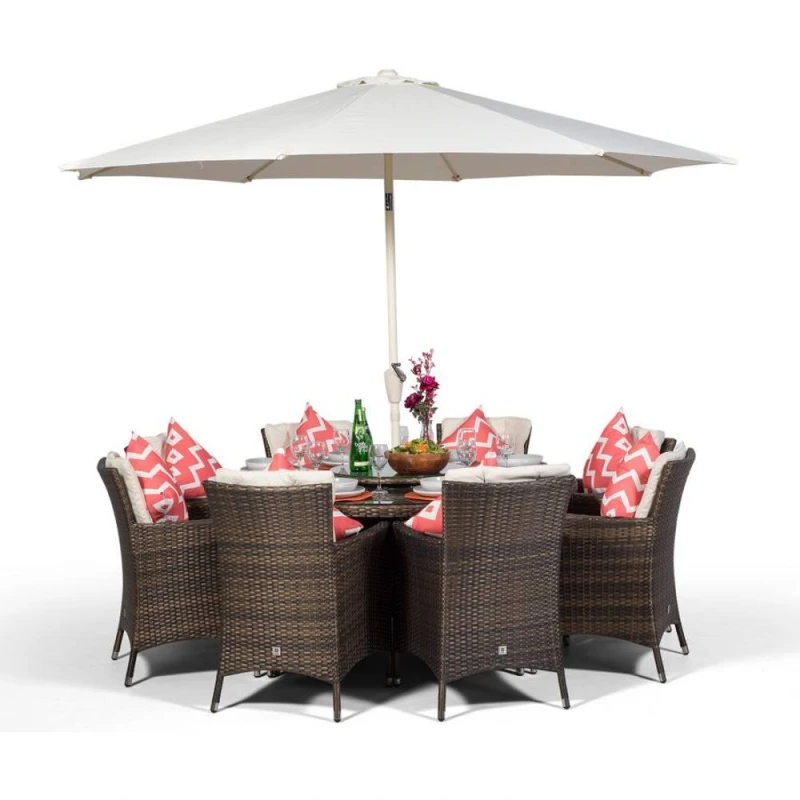 Image of Thats Furniture Savannah Round 8 Seater Rattan Patio Dining Set in Brown Brown Unisex