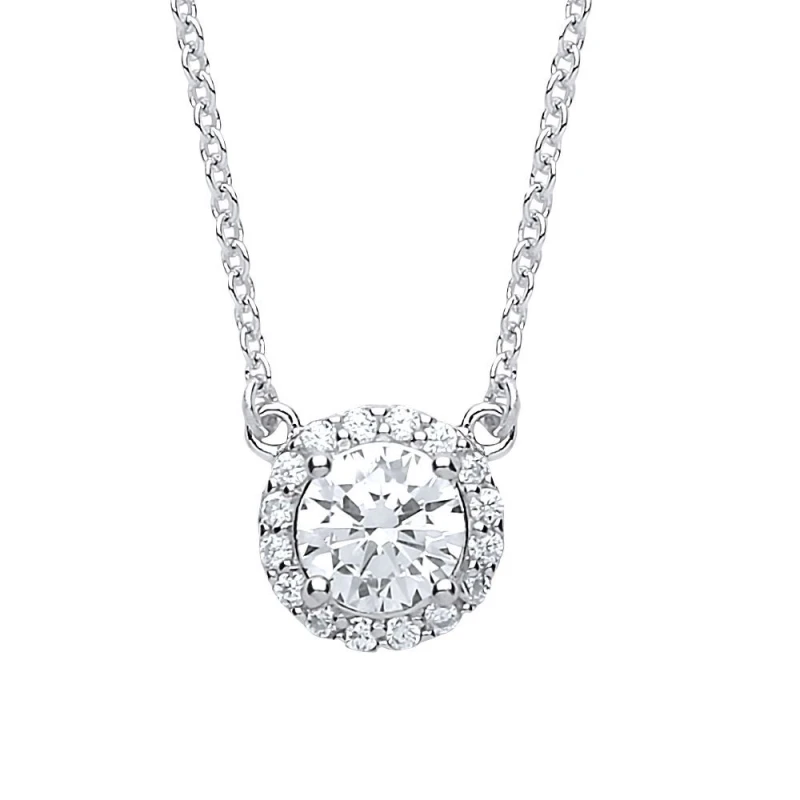 Image of Jewelco London Silver CZ Solitaire Halo Charm Necklace 15 + 2" - GVK158WH Silver female