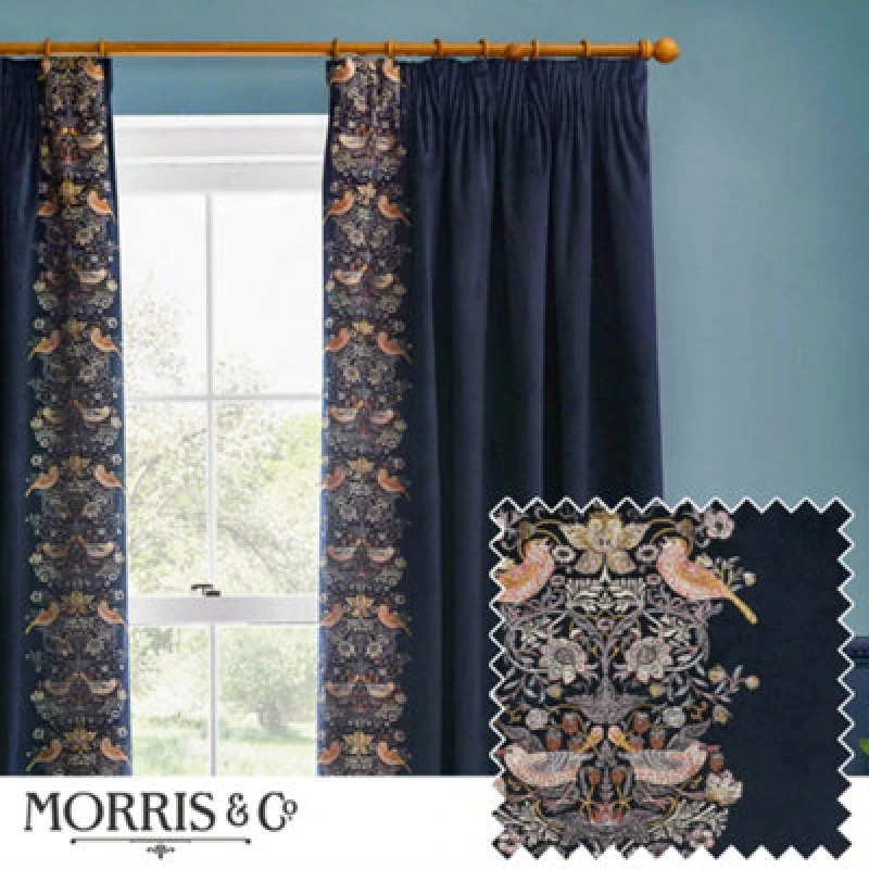 Image of Morris & Co Morris & Co Strawberry Thief Embroidery Embroidered Velvet Room Darkening Pencil Pleat Curtains in Indigo Size: 168cm width x 229cm drop