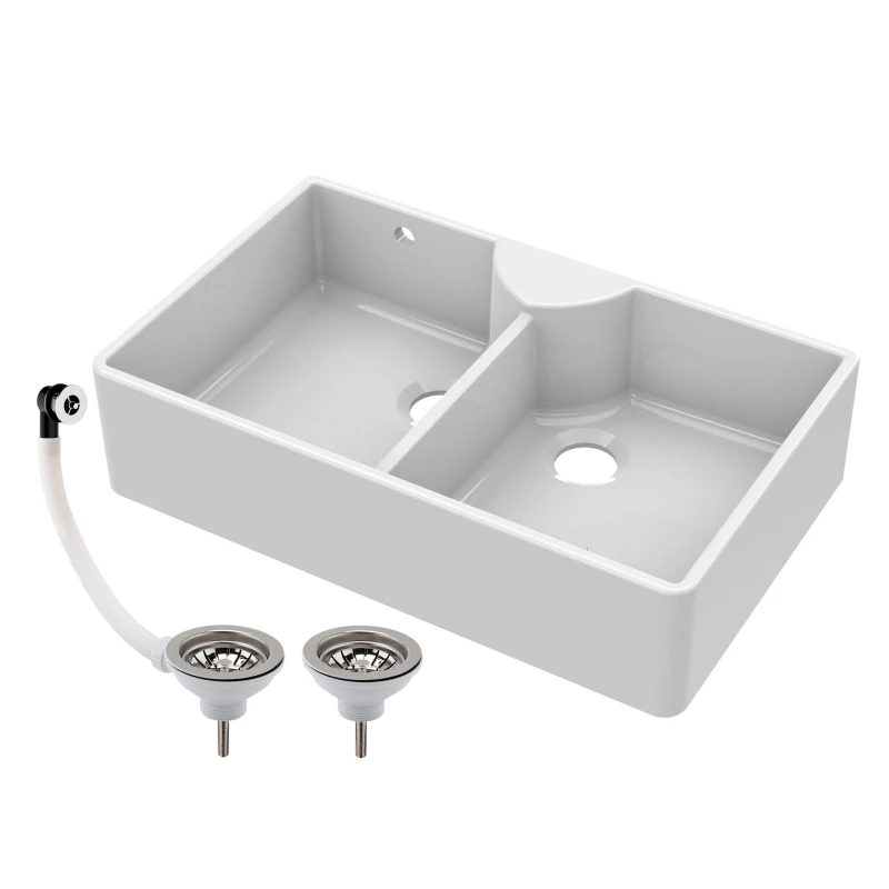 Image of Balterley 2 Bowl Fireclay Butler Sink Stepped Weir Wastes 895x550x220mm White unisex