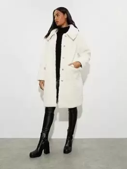 Image of Dorothy Perkins Fleeced Collar Belted Longline Duvet Coat - Cream, White, Size L, Women