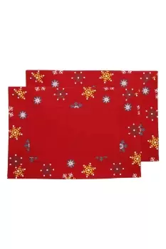 Image of Cotton Christmas Red Snowflake Pack of 2 Placemats