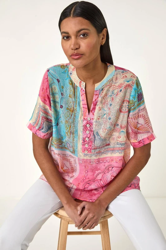 Image of Roman Womens Scarf Print Hotfix Buttoned Top in Pink Size: 18 Pink Female 18