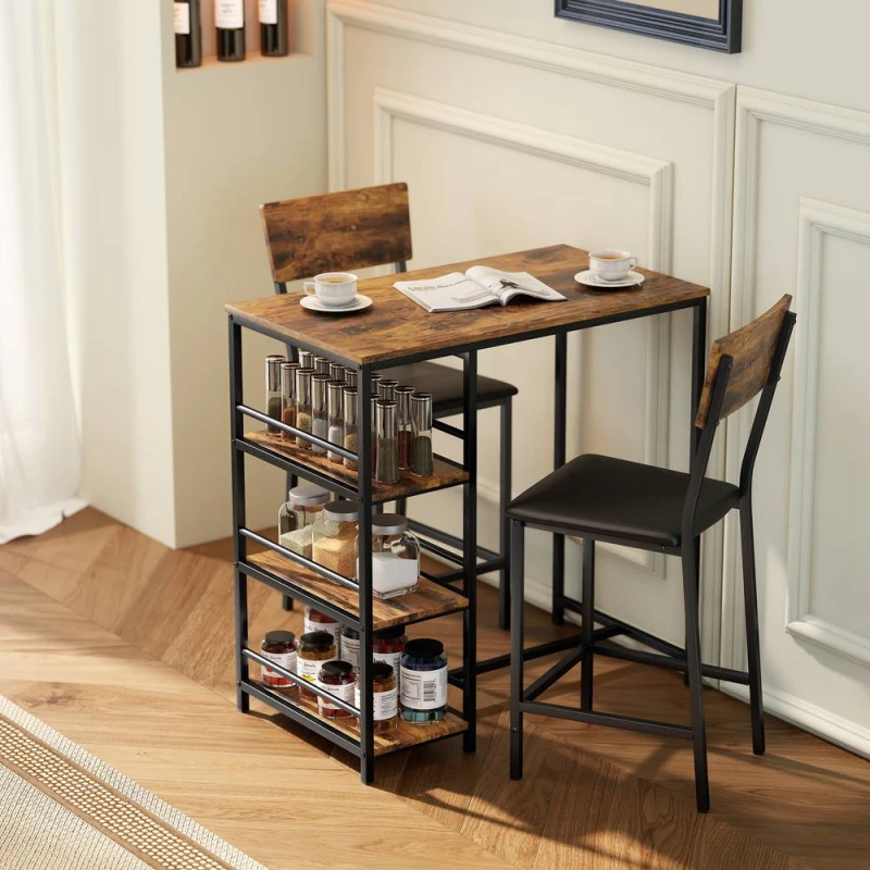 Image of HOMCOM Industrial Bar Table Set with Storage & Padded Seats, Rustic Brown Brown Unisex