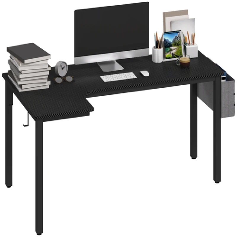 Image of HOMCOM HOMCOM L-Shaped Corner Desk Computer with Fabric Bag and Hooks, Black One Size Unisex 5063603033917