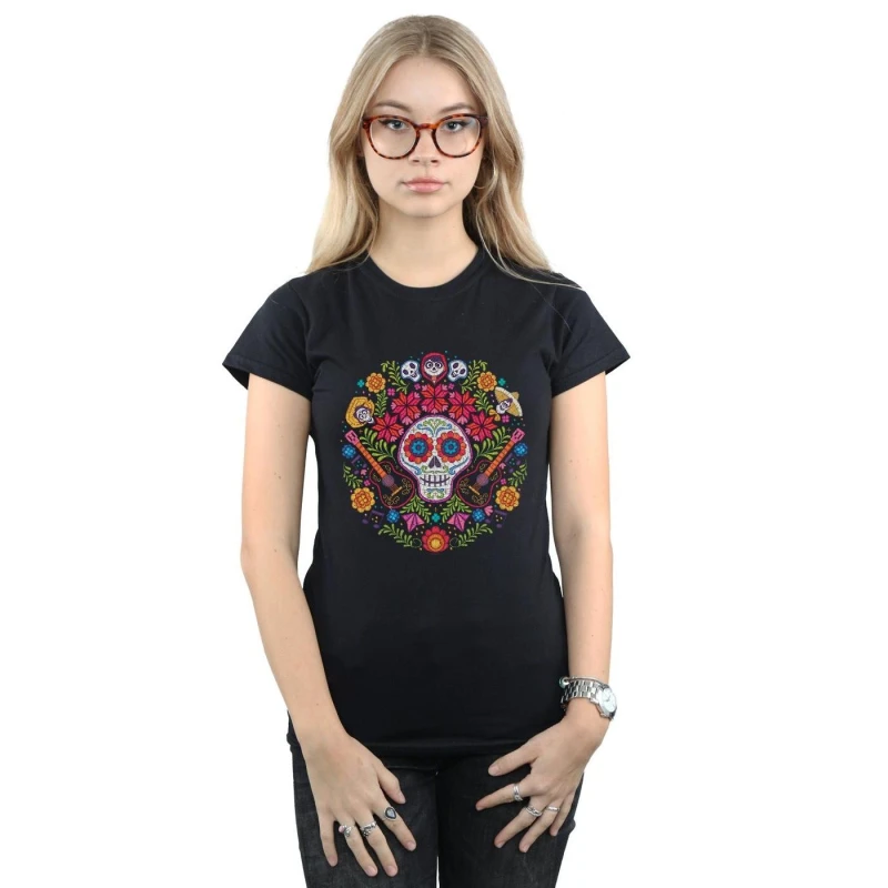 Image of Disney Coco Embroidered Skull Print Cotton T-Shirt Black female
