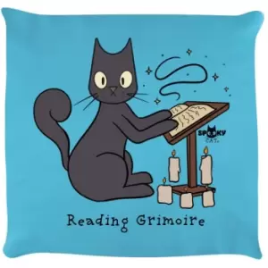 Image of Spooky Cat Reading Grimoire Cushion (One Size) (Sky Blue/Grey) - Sky Blue/Grey