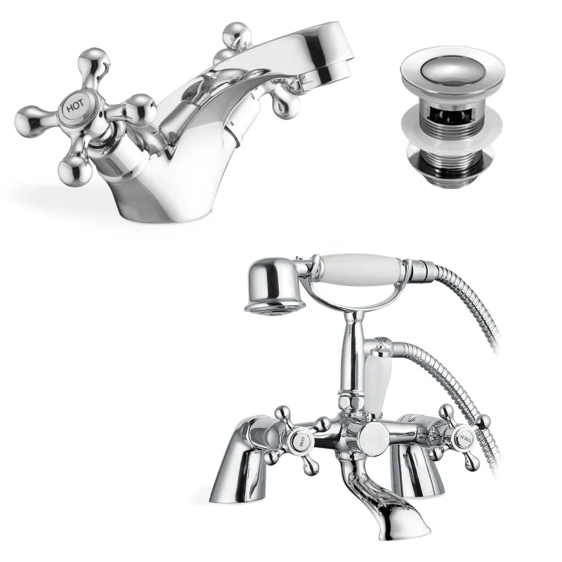 Image of Nes Home Victorian Bath Shower Mixer, Basin Mono Mixer Tap & Waste Chrome in Metallic Silver Metallic Silver Unisex