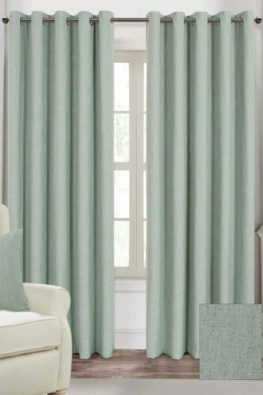 Image of Homescapes Duck Egg Blue Linen Eyelet Lined Curtain Pair, 90 X 72"