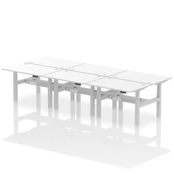 Image of Air Air Back-to-Back 1200 x 800mm Height Adjustable 6 Person Bench Desk White Top with Cable Ports Silver Frame HASCP6P12800WHTS