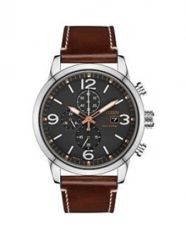 Image of Citizen Eco-Drive Wr100 Grey And Silver Detail Chronograph Dial Brown Leather Strap Mens Watch