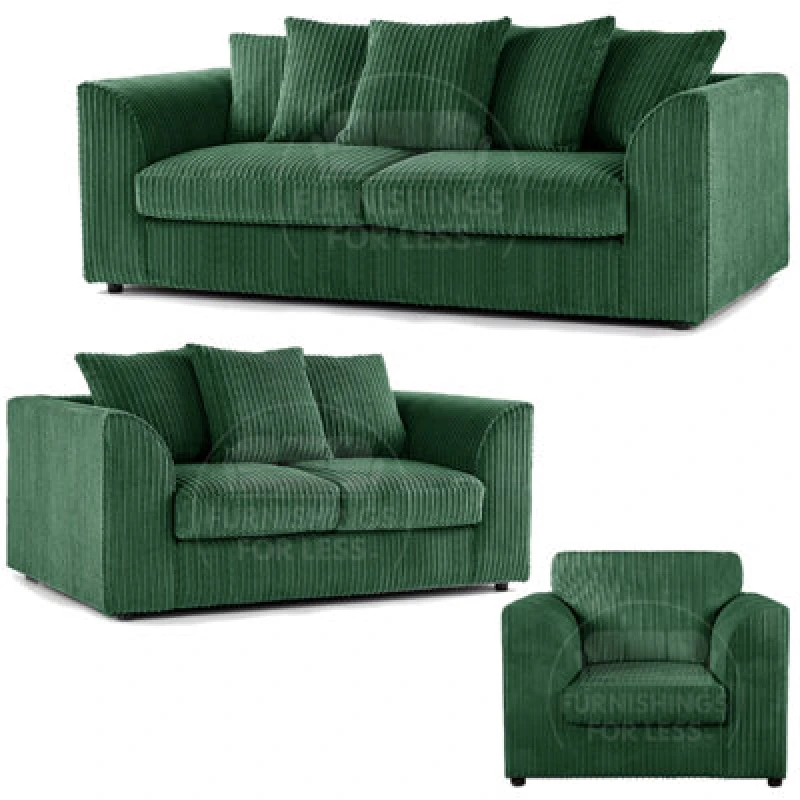 Image of Furnishings For Less UK Luxor Jumbo Cord 3 + 2 + 1 Fabric 3 Piece Sofa Suite - Scatter Back Green