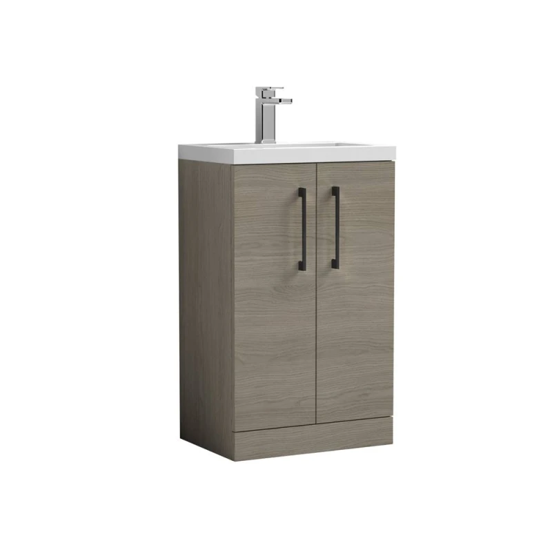 Image of Balterley Level Compact Bathroom Cloakroom Vanity Basin Unit With Ceramic Basin, Black Handles, 500mm, Mid Oak