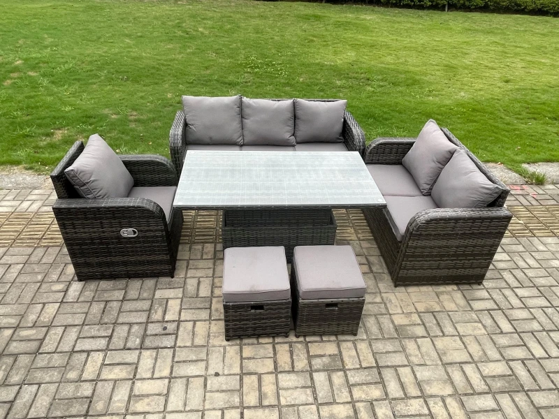 Image of Fimous Outdoor Rattan Furniture Garden Dining Set Patio Height Adjustable Rising lifting Table Reclining Chair Sofa With 2 Small Footstools Dark Grey