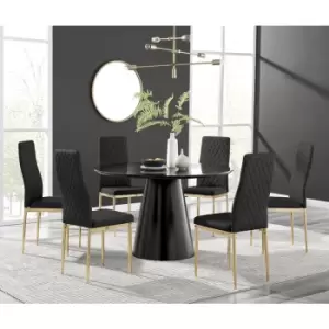 Image of Furniturebox Palma Black Semi Gloss 120cm Round Minimalist Dining Table & 6 Black Milan Gold Leg Chairs