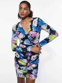 Image of Warehouse Floral Print Velvet Ruched Mini Dress - Floral, Multi, Size L, Women