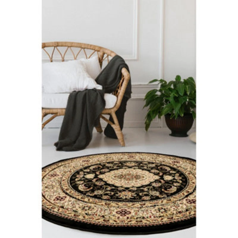 Image of Melrose Classic Traditional Black Vintage Round Rug 133X133Cm