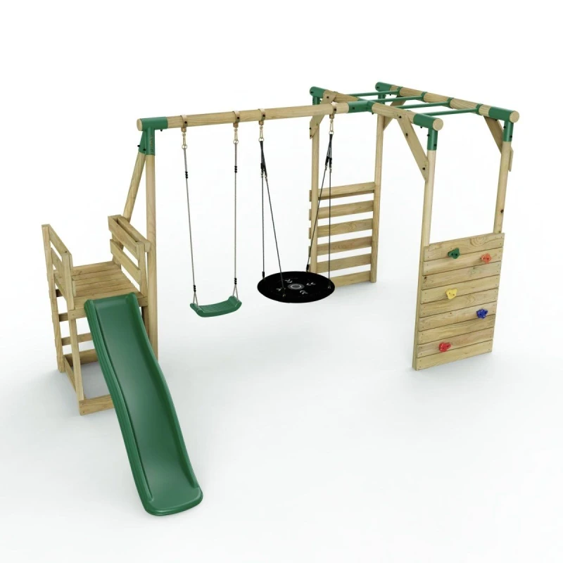 Image of Rebo Wooden Swing Set with Nest Swing, Monkey Bars and Slide - Satellite Green Green