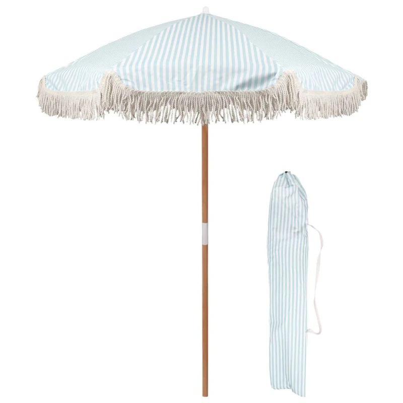 Image of Harbour Housewares 1.4M Wooden Garden Parasol with Tassel Fringe with Carry Bag - UPF30+ in Blue Blue Unisex