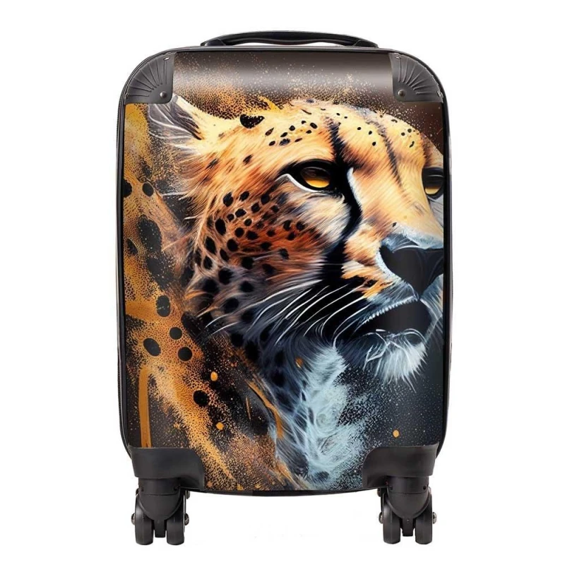 Image of Warren Reed - Designer Cheetah Face Splashart Dark Background Suitcase in Yellow Size: Medium Yellow Unisex Medium
