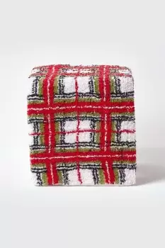 Image of Tartan Pattern Tufted Cotton Cube Pouffe