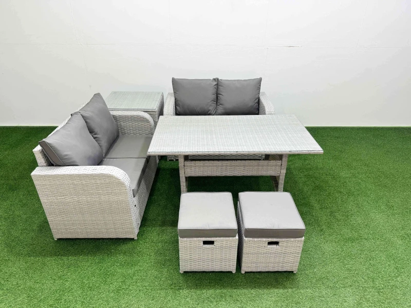 Image of Fimous 6 Seater Outdoor Love Sofa Set Rattan Garden Furniture Set with Rectangular Dining Table 2 Small Stools Side Table Light Grey Light Grey