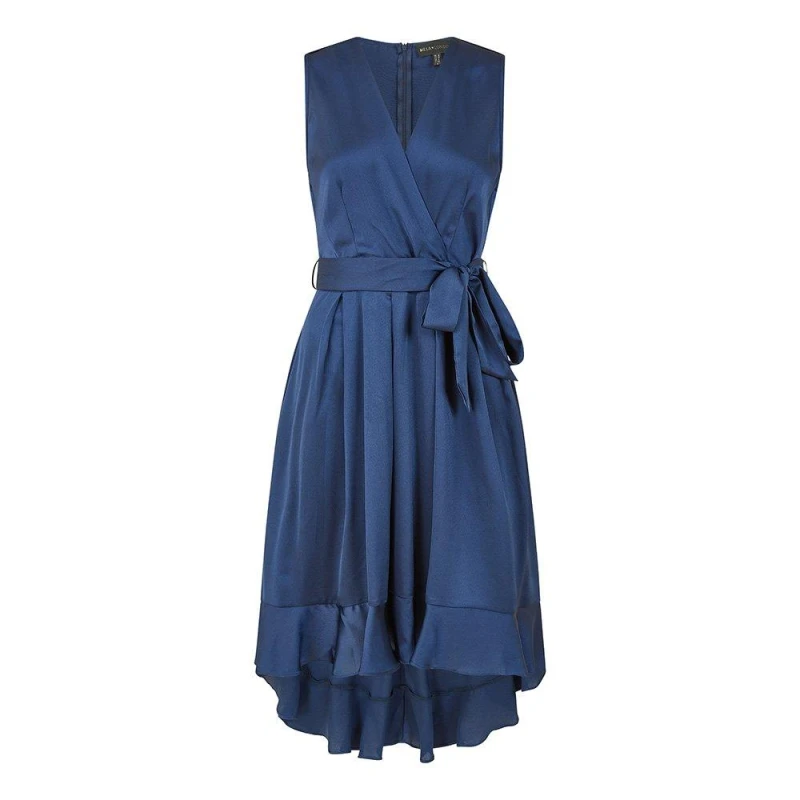 Image of Mela London Mela London Green Satin Dipped Hem Midi Dress - Blue Blue 6