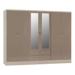 Image of Seconique Nevada 6 Door 2 Drawer Wardrobe - Oyster Gloss/Light Oak Effect Veneer
