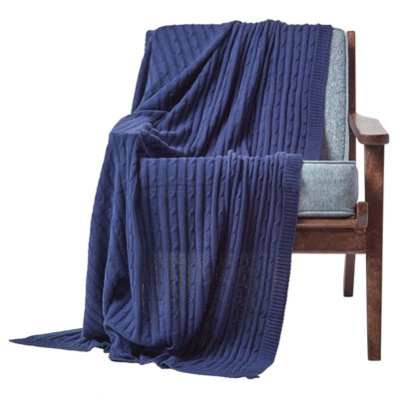 Image of Homescapes Cotton Cable Knit Throw Navy Blue, 130 X 170 Cm