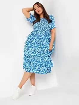 Image of Yours Shirred Puff Sleeve Tie Midaxi Dress Blue Floral, Blue, Size 16, Women