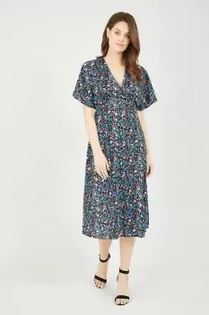 Image of Blue Floral Print Kimono Midi Dress