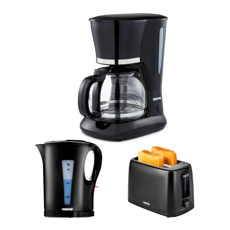 Image of Geepas 1.7L Kettle & Toaster Set with 1.5L Filter Coffee Machine in Black Unisex