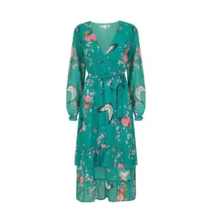 Image of Yumi Green Crane Print Wrap Midi Dress - Green