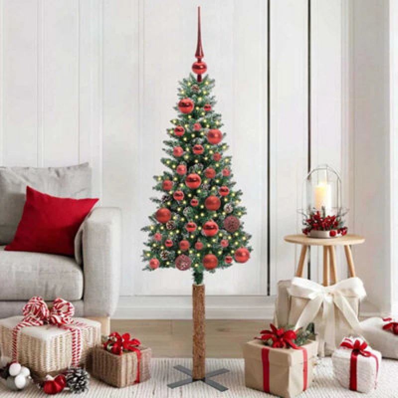 Image of vidaXL Slim Christmas Tree with 150 LEDs, Red Balls Green and White 150 cm, Green 3394886