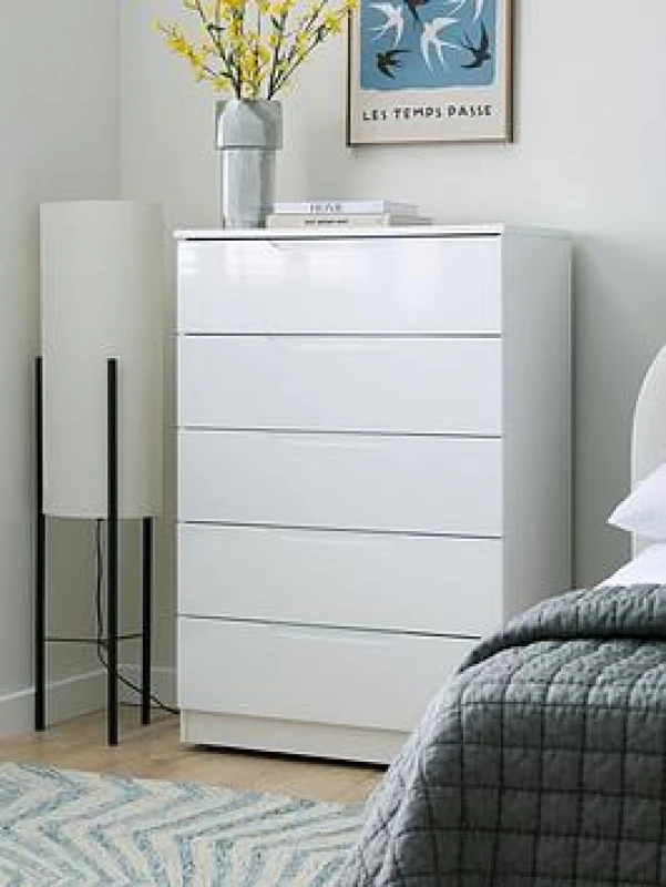 Image of One Call Furniture Antibes 5 Drawer Chest Ready Assembled Gloss Fronts Light Grey LELGC5