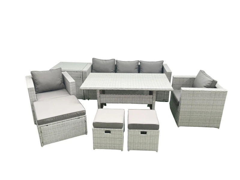 Image of Fimous Garden Dining Set Outdoor Rattan Furniture Set with Sofa Dining Table 2 Chairs 3 Footstools Side Table Light Grey Mixed Light Grey