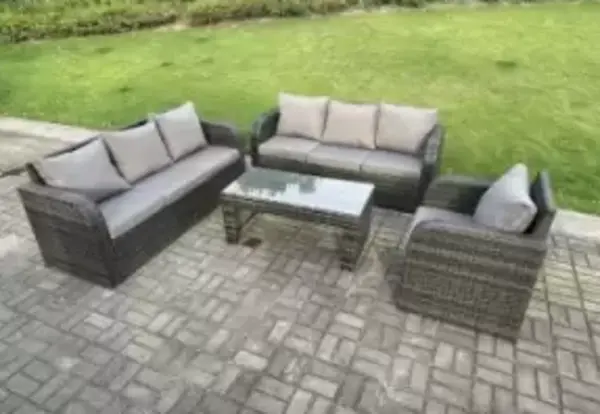 Image of Fimous 7 Seater Outdoor Dark Grey Rattan Lounge Complete Sofa Set with Reclining Chair and Rectangular Coffee Table