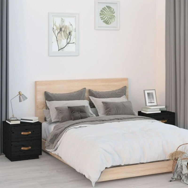 Image of Vidaxl Bedside Cabinets 2 Pcs Black 40X34X45cm Solid Wood Pine, Black 818334