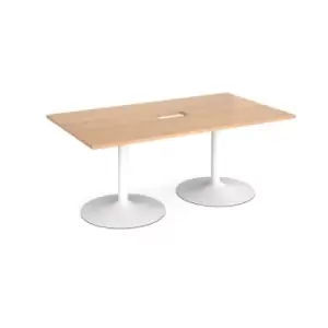 Image of Trumpet base rectangular boardroom table 1800mm x 1000mm with central cutout 272mm x 132mm - white base and beech top