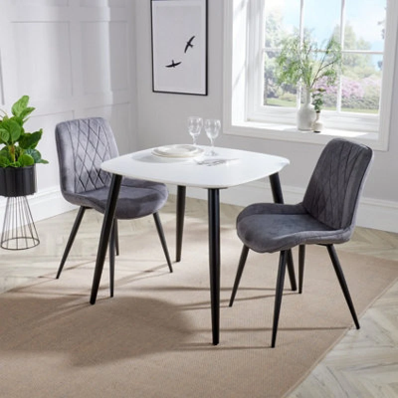Image of Core Products Aspen White 80Cm Square Dining Table With 2 Grey Fabric Diamond Stitch Design Chairs