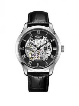 Image of Rotary Rotary Black Skeleton Dial Black Leather Strap Watch