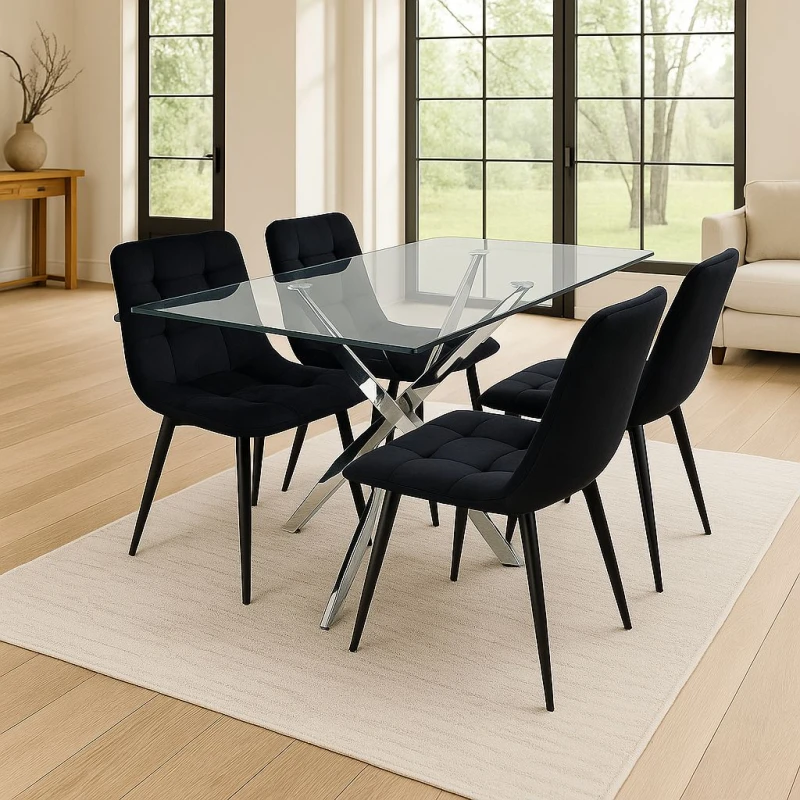 Image of KOSY KOALA KOSY KOALA Dining Table and 4 Chairs Rectangle Glass Table 4 Black Velvet Chairs Dining Set in Clear Clear One Size Unisex 5061055341611