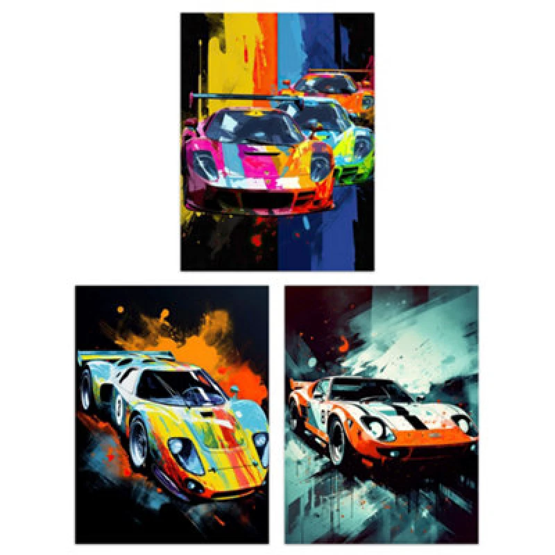 Image of Artery8 Wall Art Print Set Of 3 Racing Car Motorsport Grand Prix Paintings Bright Colourful Mancave Gift