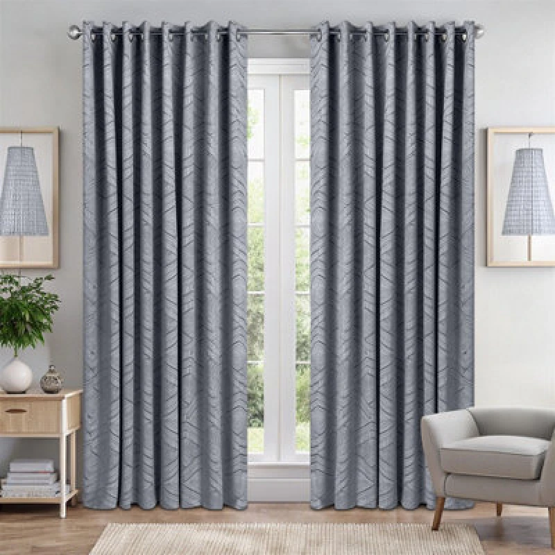 Image of Luxury Living Triple Weave Soft Drape Geometric Aztec Print Ring Top Blackout Curtains 168Cm X 137Cm Silver