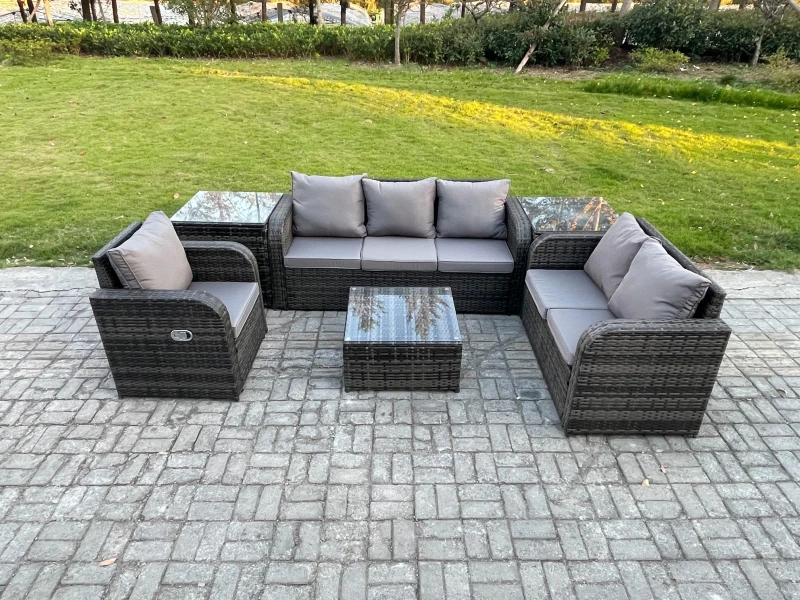 Image of Fimous Rattan Garden Furniture 6 Piece Patio Set With Table Sofa Square Coffee Table Reclining Chair Loveseat sofa 2 Side Tables Dark Grey